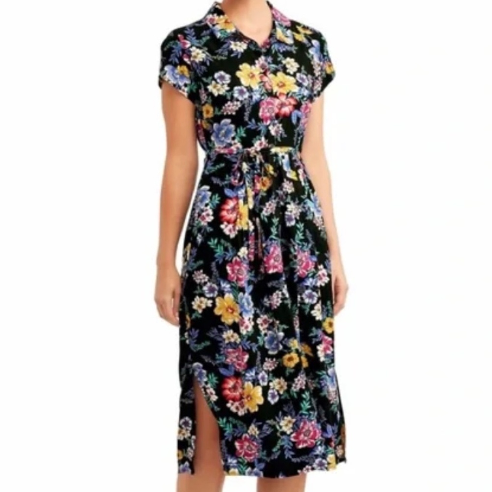New Women’s Time and Tru Black Multi Floral Short Sleeve Belted Midi Dress Small